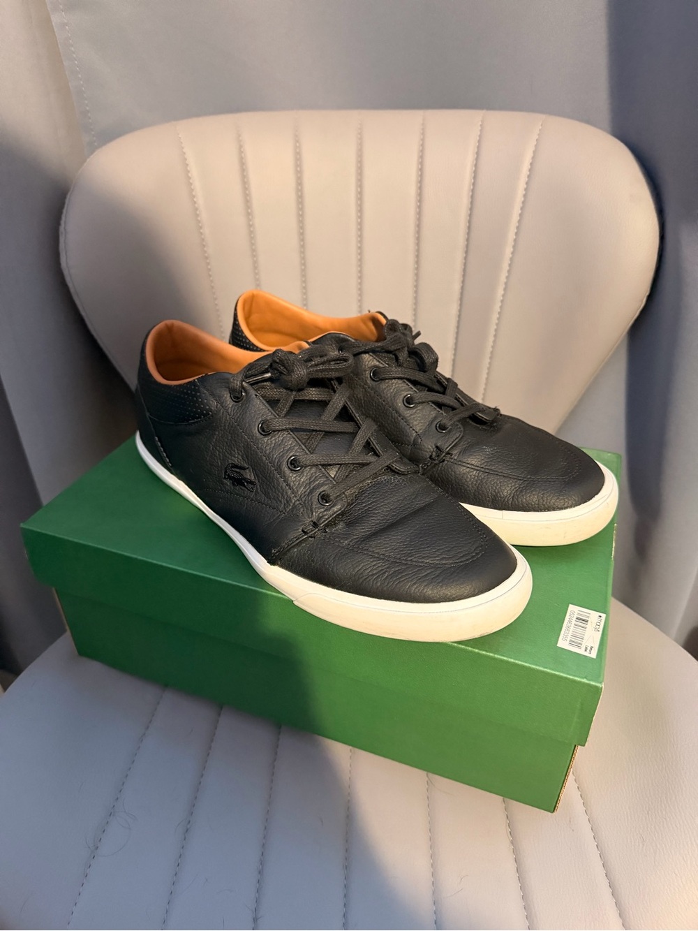 Lacoste Black Leather Low-Top Sneakers with White Sole and Tan Lining